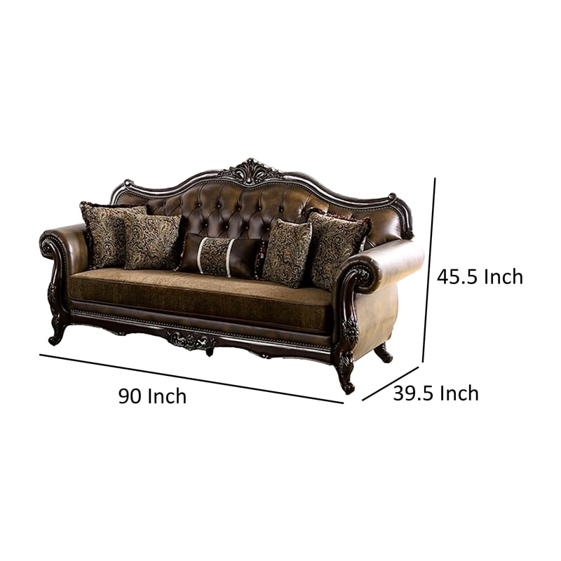 Sena 90 Inch Sofa- Faux Leather- Rolled Arms- Cherry Brown Solid Wood