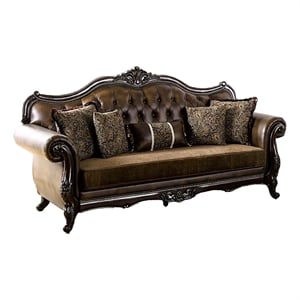 Sena 90 Inch Sofa- Faux Leather- Rolled Arms- Cherry Brown Solid Wood