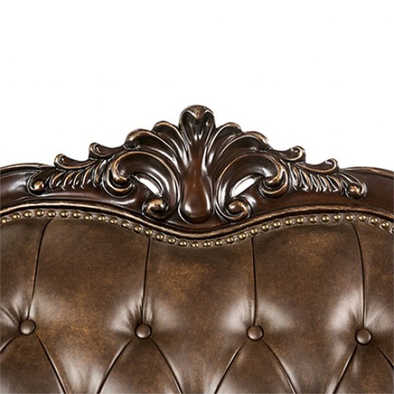 Sena 90 Inch Sofa- Faux Leather- Rolled Arms- Cherry Brown Solid Wood