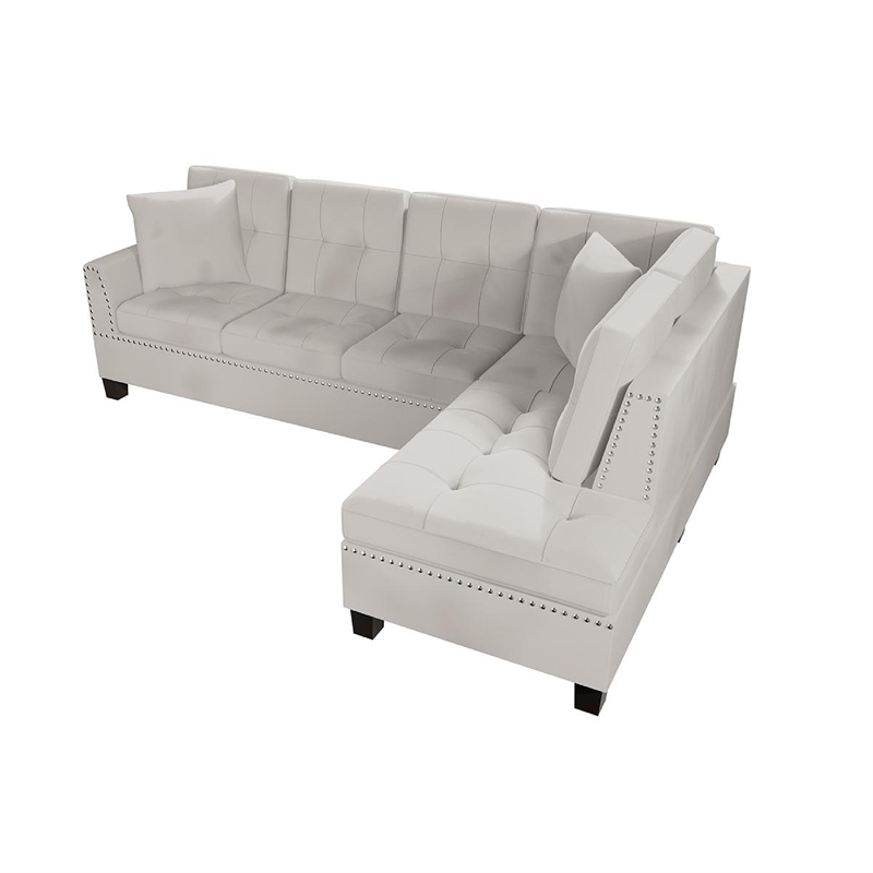 Dema 2pc Sectional Sofa Set- Chaise- 2 Pillows- Textured Beige Velvet