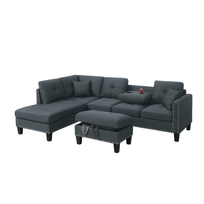 Rema 3pc Sectional Sofa- Chaise- Ottoman- 2 Pillows- Dark Gray Linen