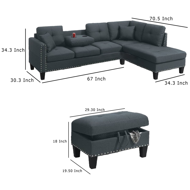 Rema 3pc Sectional Sofa- Chaise- Ottoman- 2 Pillows- Dark Gray Linen