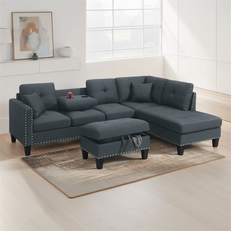 Rema 3pc Sectional Sofa- Chaise- Ottoman- 2 Pillows- Dark Gray Linen