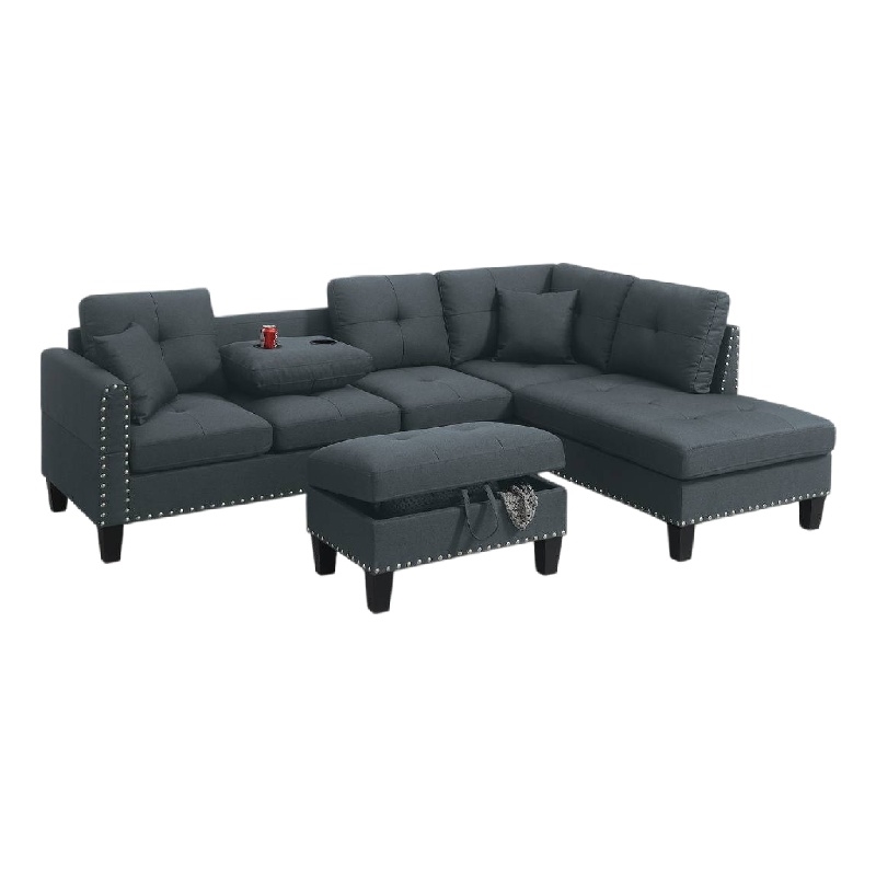 Rema 3pc Sectional Sofa- Chaise- Ottoman- 2 Pillows- Dark Gray Linen