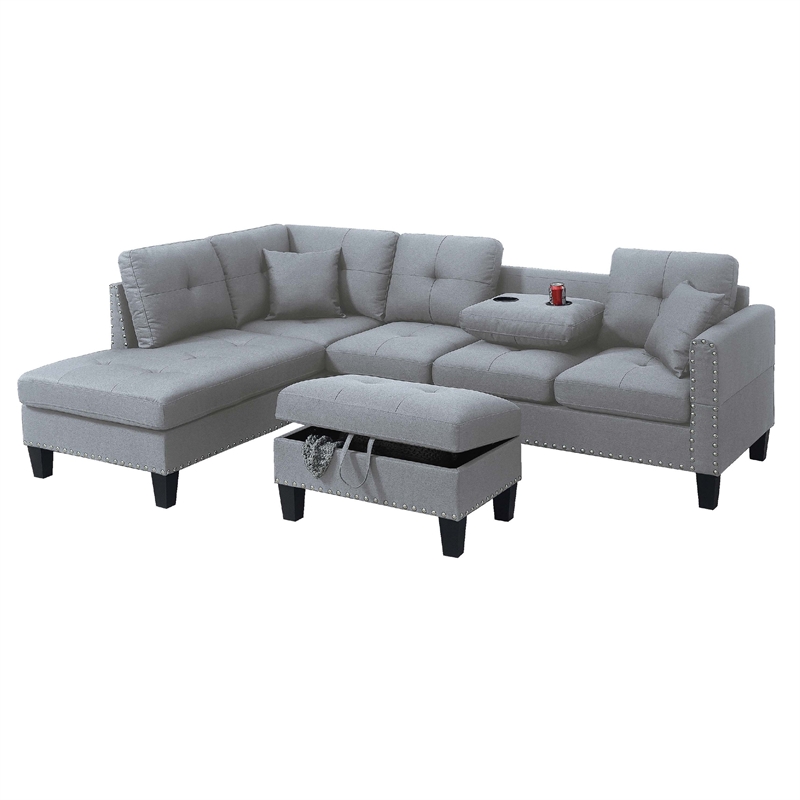 Rema 3pc Sectional Sofa- Chaise- Ottoman- 2 Pillows- Light Gray Linen