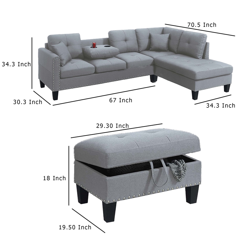 Rema 3pc Sectional Sofa- Chaise- Ottoman- 2 Pillows- Light Gray Linen
