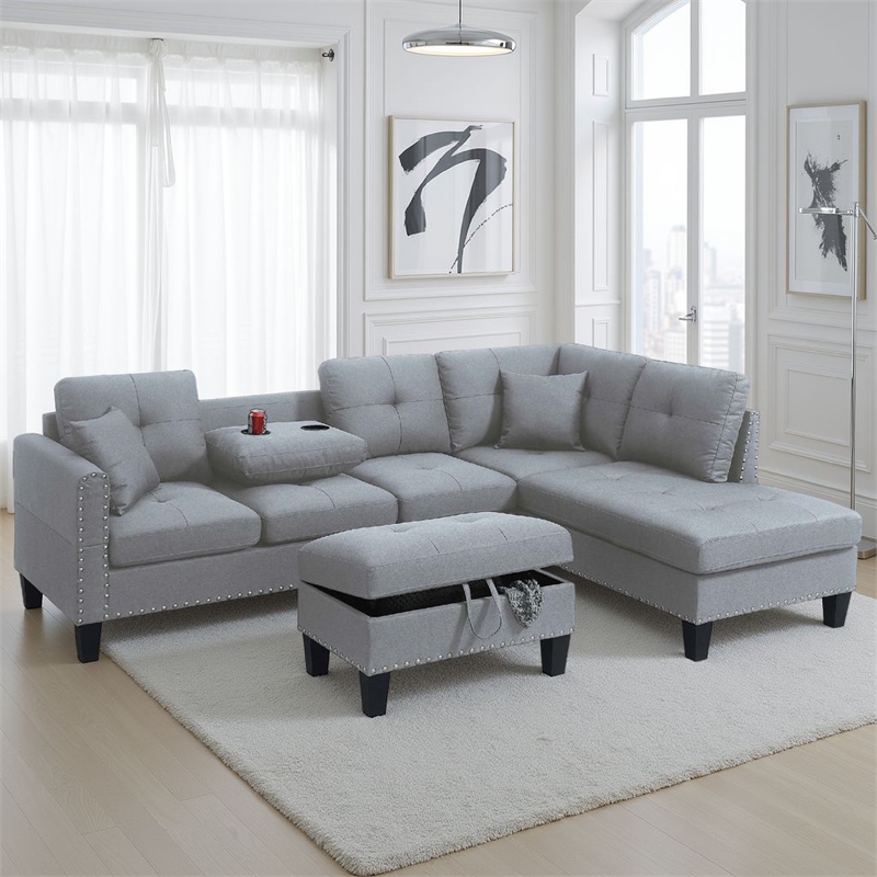 Rema 3pc Sectional Sofa- Chaise- Ottoman- 2 Pillows- Light Gray Linen