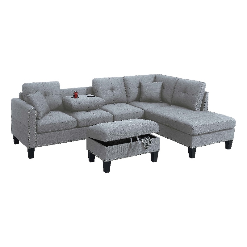 Rema 3pc Sectional Sofa- Chaise- Ottoman- 2 Pillows- Light Gray Linen