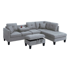 Rema 3pc Sectional Sofa- Chaise- Ottoman- 2 Pillows- Light Gray Linen