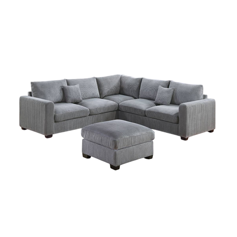 Rey 4pc L Sectional Sofa Set- 2 Accent Pillows- Gray Corduroy Fabric