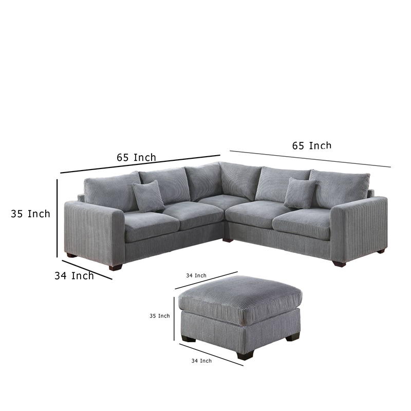 Rey 4pc L Sectional Sofa Set- 2 Accent Pillows- Gray Corduroy Fabric