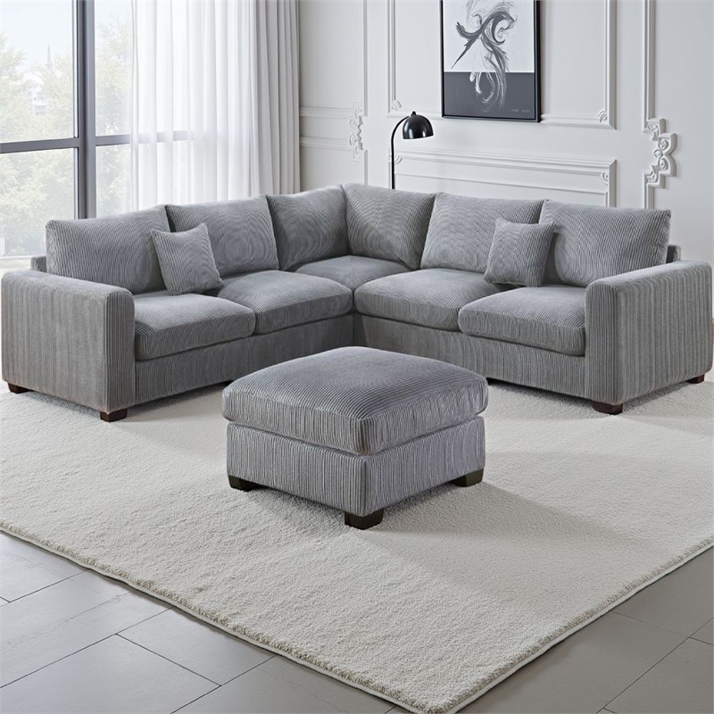 Rey 4pc L Sectional Sofa Set- 2 Accent Pillows- Gray Corduroy Fabric