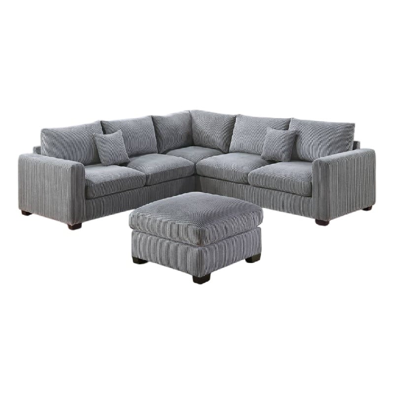 Rey 4pc L Sectional Sofa Set- 2 Accent Pillows- Gray Corduroy Fabric