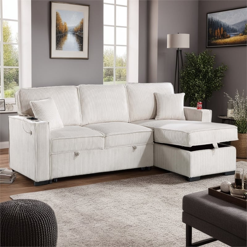 Foi Convertible Sectional Sofa with Reversible Chaise- Beige Corduroy