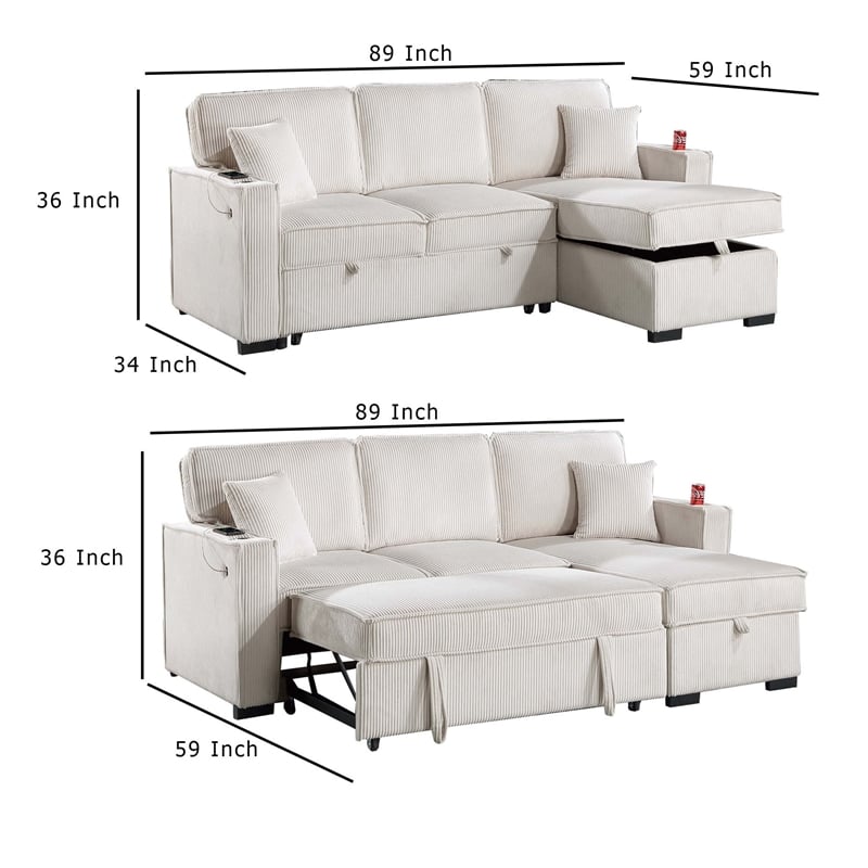 Foi Convertible Sectional Sofa with Reversible Chaise- Beige Corduroy