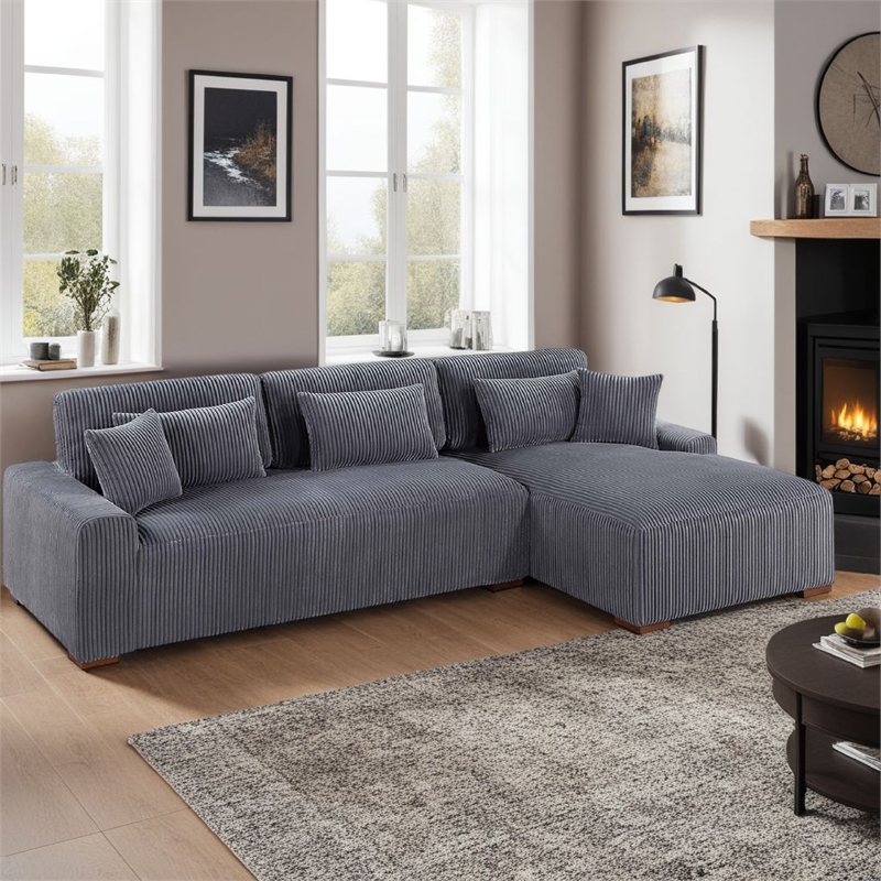 Lio 2pc XL Sectional Sofa with Chaise- 5 Throw Pillows- Gray Corduroy
