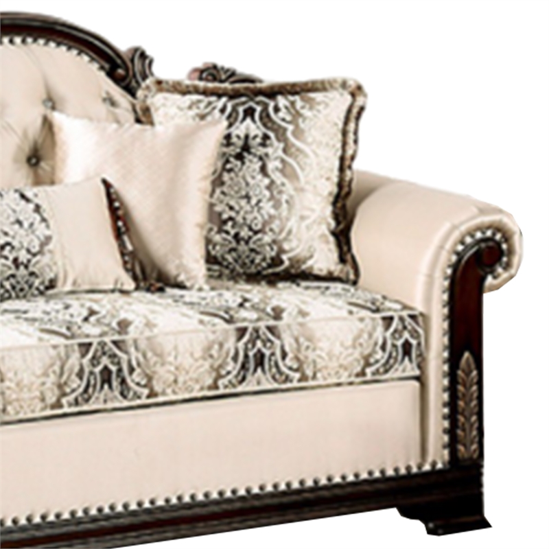 Catie 87 Inch Sofa- Nailhead- Beige Rolled Arms- Cherry Brown Solid Wood