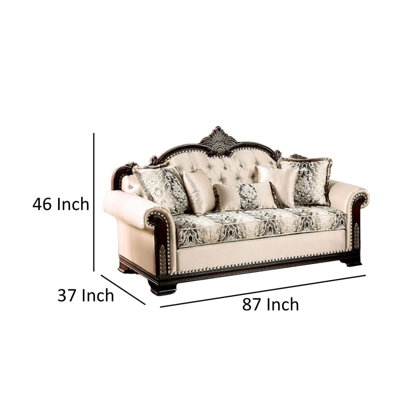 Catie 87 Inch Sofa- Nailhead- Beige Rolled Arms- Cherry Brown Solid Wood
