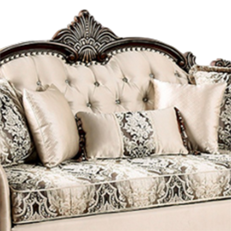 Catie 87 Inch Sofa- Nailhead- Beige Rolled Arms- Cherry Brown Solid Wood