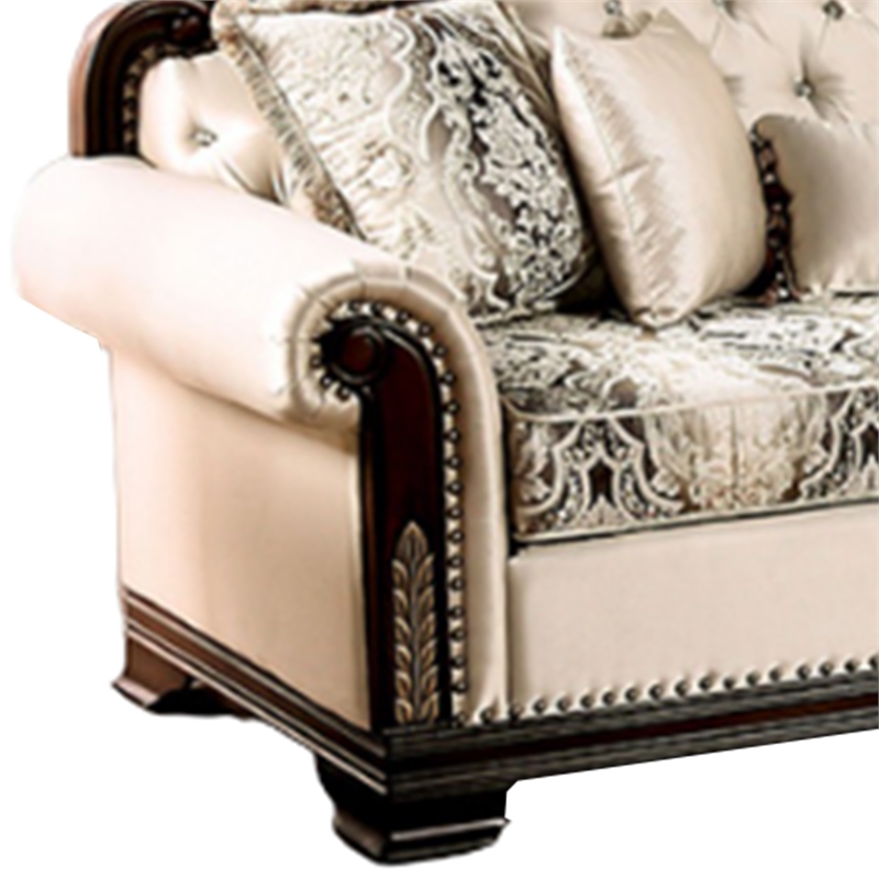 Catie 87 Inch Sofa- Nailhead- Beige Rolled Arms- Cherry Brown Solid Wood