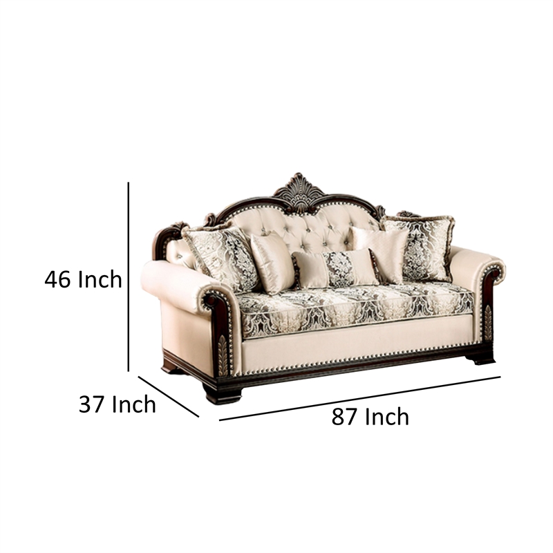 Catie 87 Inch Sofa- Nailhead- Beige Rolled Arms- Cherry Brown Solid Wood