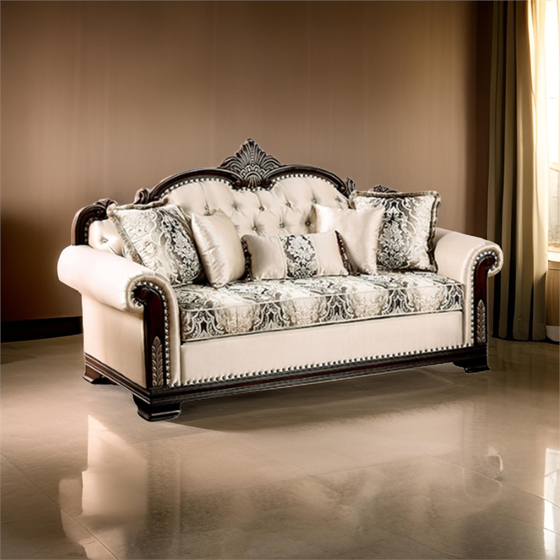 Catie 87 Inch Sofa- Nailhead- Beige Rolled Arms- Cherry Brown Solid Wood