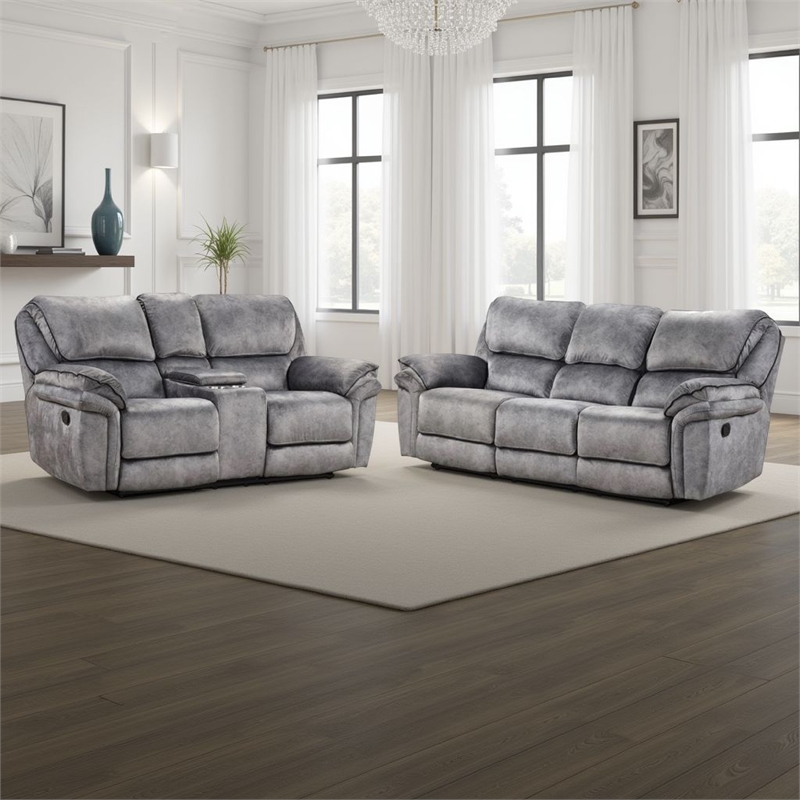 Arisa Sofa and Loveseat Manual Recliner Set- Gray Faux Leather- Drop Table
