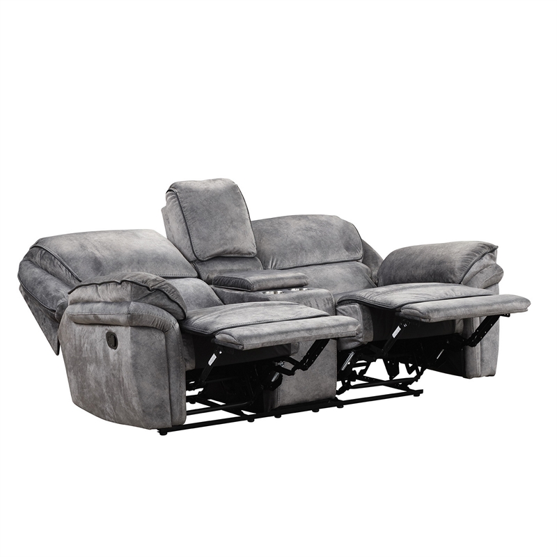 Arisa Sofa and Loveseat Manual Recliner Set- Gray Faux Leather- Drop Table