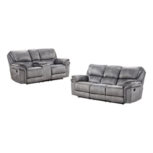 Arisa Sofa and Loveseat Manual Recliner Set- Gray Faux Leather- Drop Table