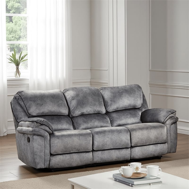 Remma Manual Recliner Sofa- Gray Faux Leather- Drop Table and Cupholders