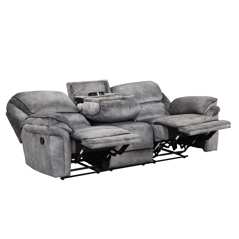 Remma Manual Recliner Sofa- Gray Faux Leather- Drop Table and Cupholders