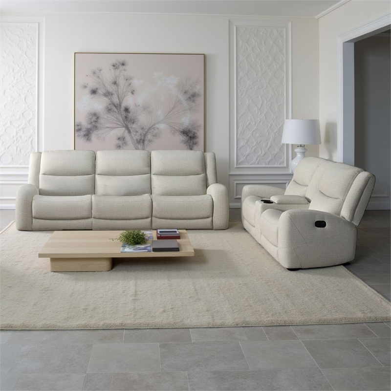 Gira 2pc Sofa and Loveseat Set- Manual Reclining- Solid Wood- Beige Fabric