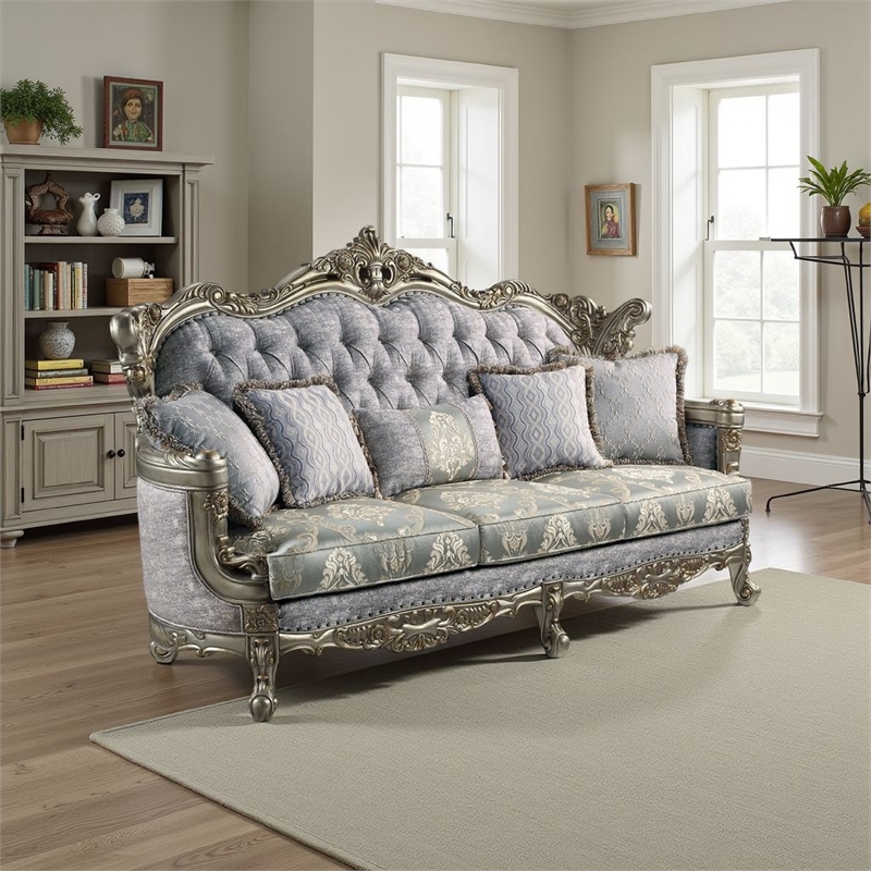 Royale Sofa- 5 Throw Pillows- Gray Fabric- Antique Bronze Wood 91 Inch