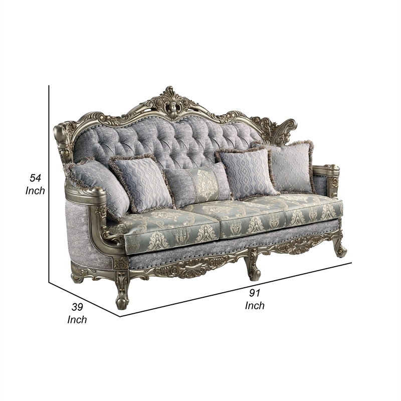 Royale Sofa- 5 Throw Pillows- Gray Fabric- Antique Bronze Wood 91 Inch