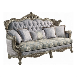 Royale Sofa- 5 Throw Pillows- Gray Fabric- Antique Bronze Wood 91 Inch
