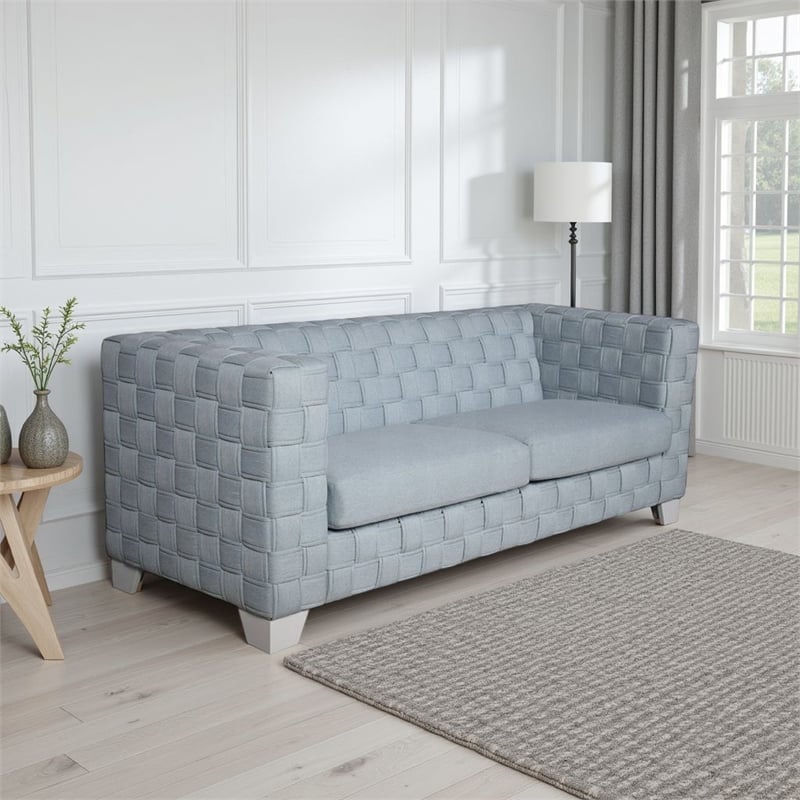 Reah Sofa- Knitted Light Blue Chenille- White Composite Wood- 85 Inch