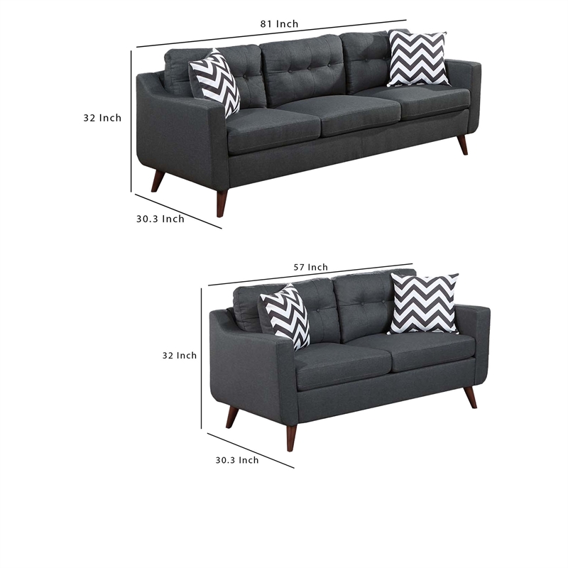 Roli 2pc Sofa and Loveseat Set- 4 Throw Pillows- Soft Black Polyfiber