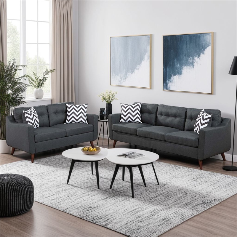 Roli 2pc Sofa and Loveseat Set- 4 Throw Pillows- Soft Black Polyfiber