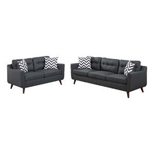 Roli 2pc Sofa and Loveseat Set- 4 Throw Pillows- Soft Black Polyfiber
