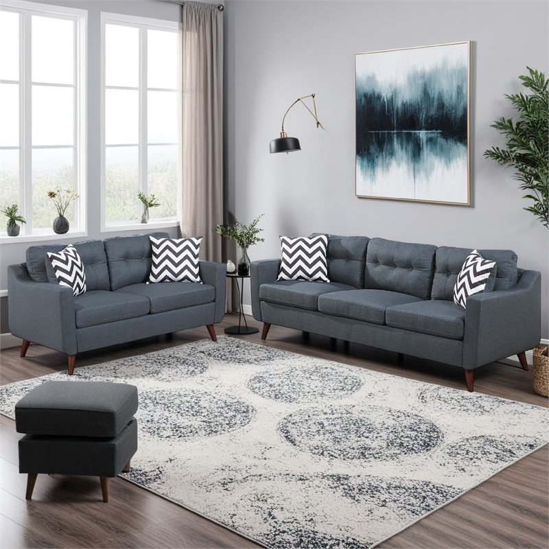 Roli 2pc Sofa and Loveseat Set- 4 Throw Pillows- Soft Blue Polyfiber