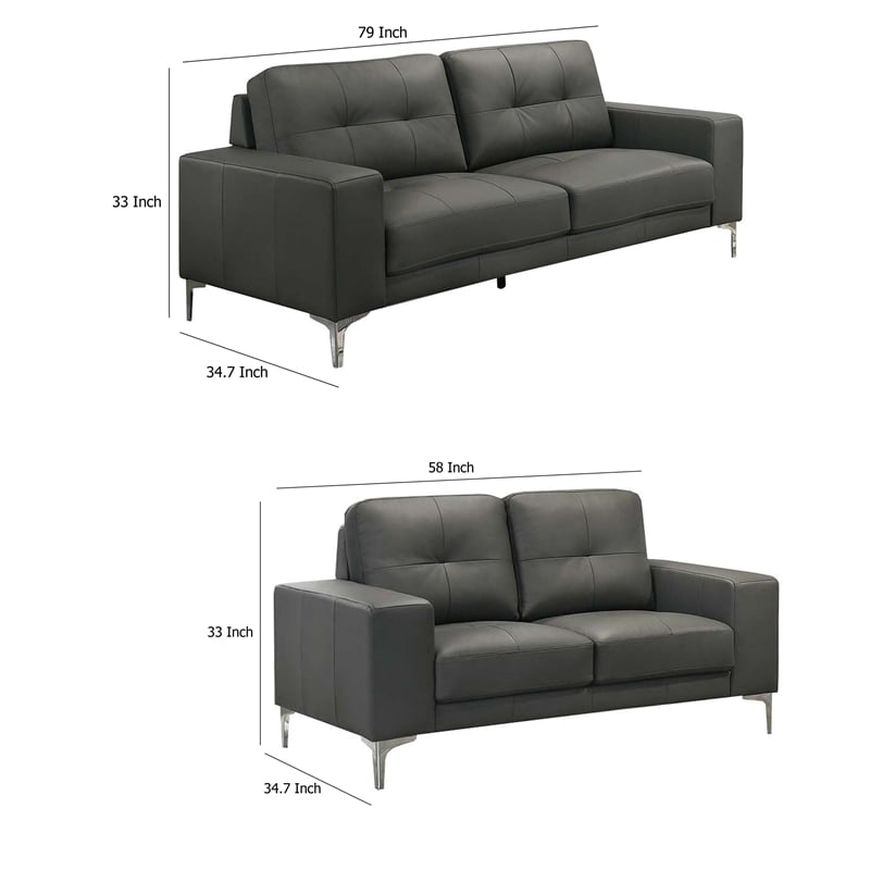 Moa 2pc Loveseat n Sofa Set- Chrome Legs- Anthracite Gray Full Leather