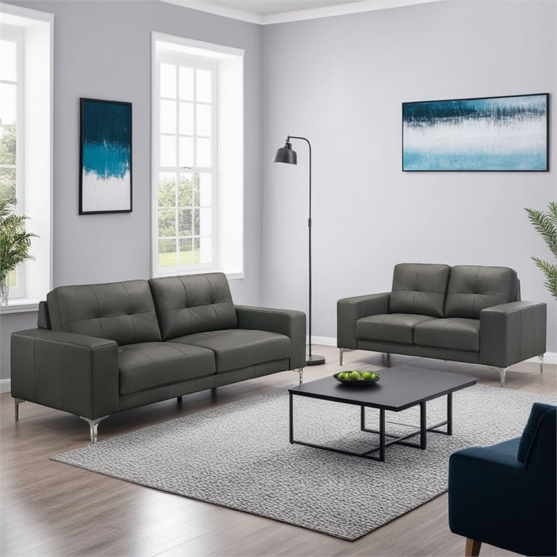 Moa 2pc Loveseat n Sofa Set- Chrome Legs- Anthracite Gray Full Leather