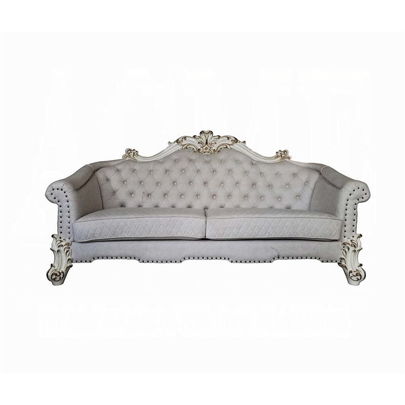 Antoine Sofa- 6 Pillows- Tufted Ivory Fabric- Pearl White- 89 Inch