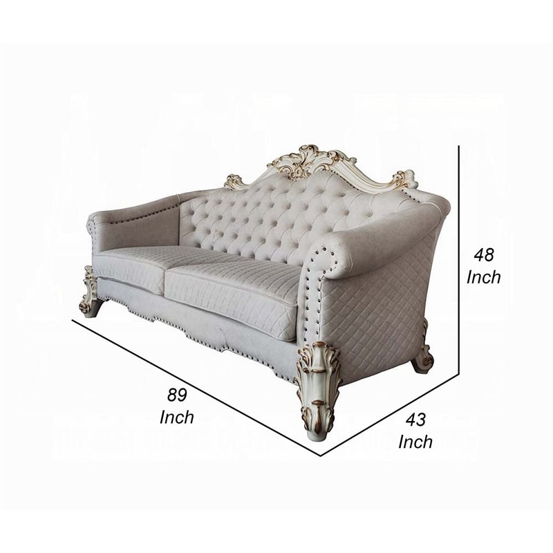 Antoine Sofa- 6 Pillows- Tufted Ivory Fabric- Pearl White- 89 Inch