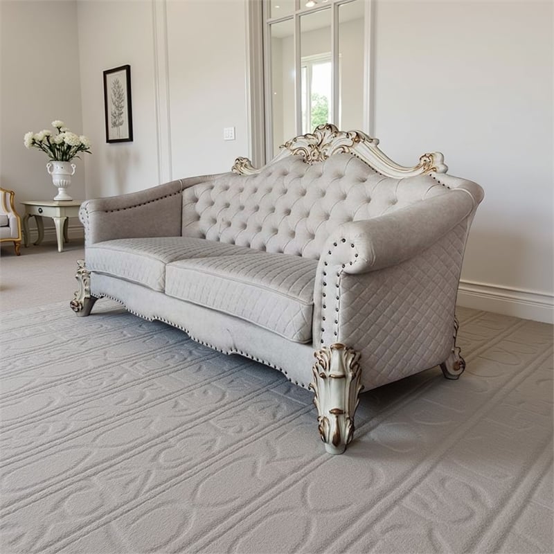 Antoine Sofa- 6 Pillows- Tufted Ivory Fabric- Pearl White- 89 Inch