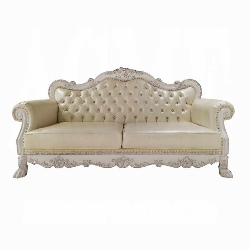 Ally Sofa- 4 Pillows- 86 Inch- Claw Feet- Vintage White Faux Leather