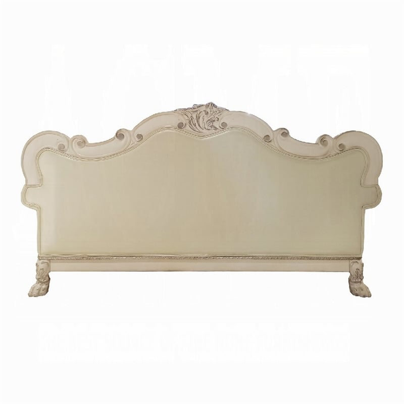 Ally Sofa- 4 Pillows- 86 Inch- Claw Feet- Vintage White Faux Leather