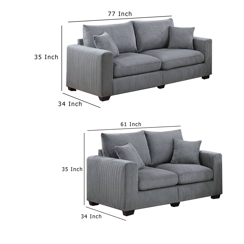 Jesica 2pc Loveseat n Sofa Set- 2 Accent Pillows- Gray Corduroy Fabric