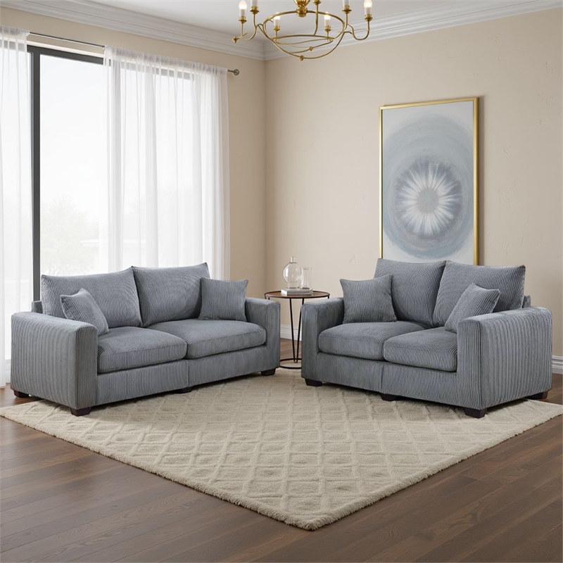 Jesica 2pc Loveseat n Sofa Set- 2 Accent Pillows- Gray Corduroy Fabric