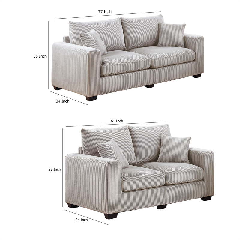 Jesica 2pc Loveseat Sofa Set- 2 Accent Pillows- Ivory Corduroy Fabric